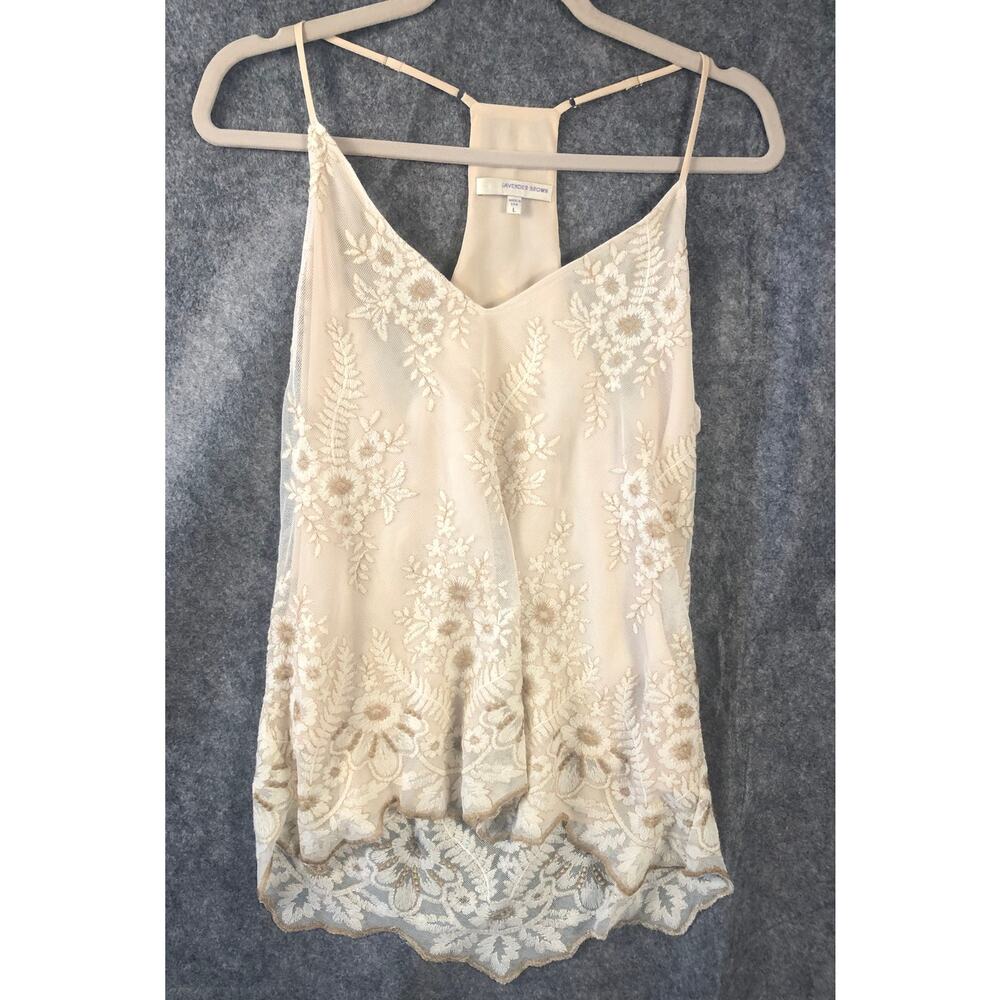 Lavender Brown Lace Hi Low Ivory Beige Strappy Lined Top Size Large - Picture 12 of 14